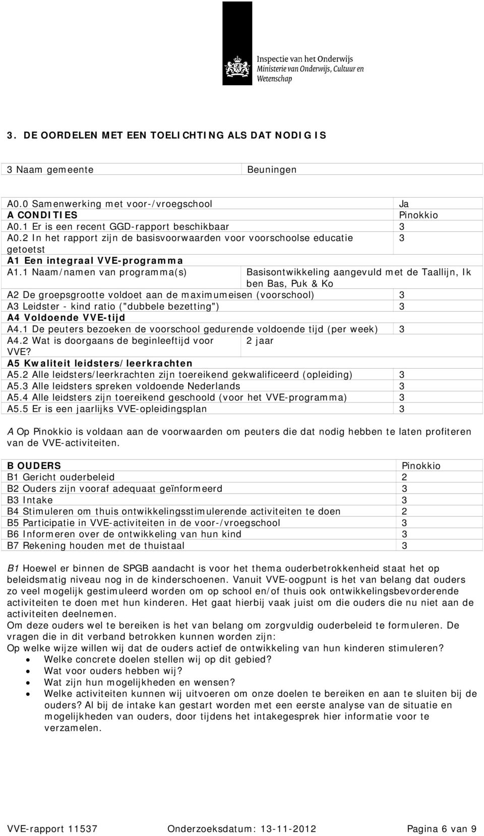 1 Naam/namen van programma(s) Basisontwikkeling aangevuld met de Taallijn, Ik ben Bas, Puk & Ko A2 De groepsgrootte voldoet aan de maximumeisen (voorschool) A Leidster - kind ratio ("dubbele