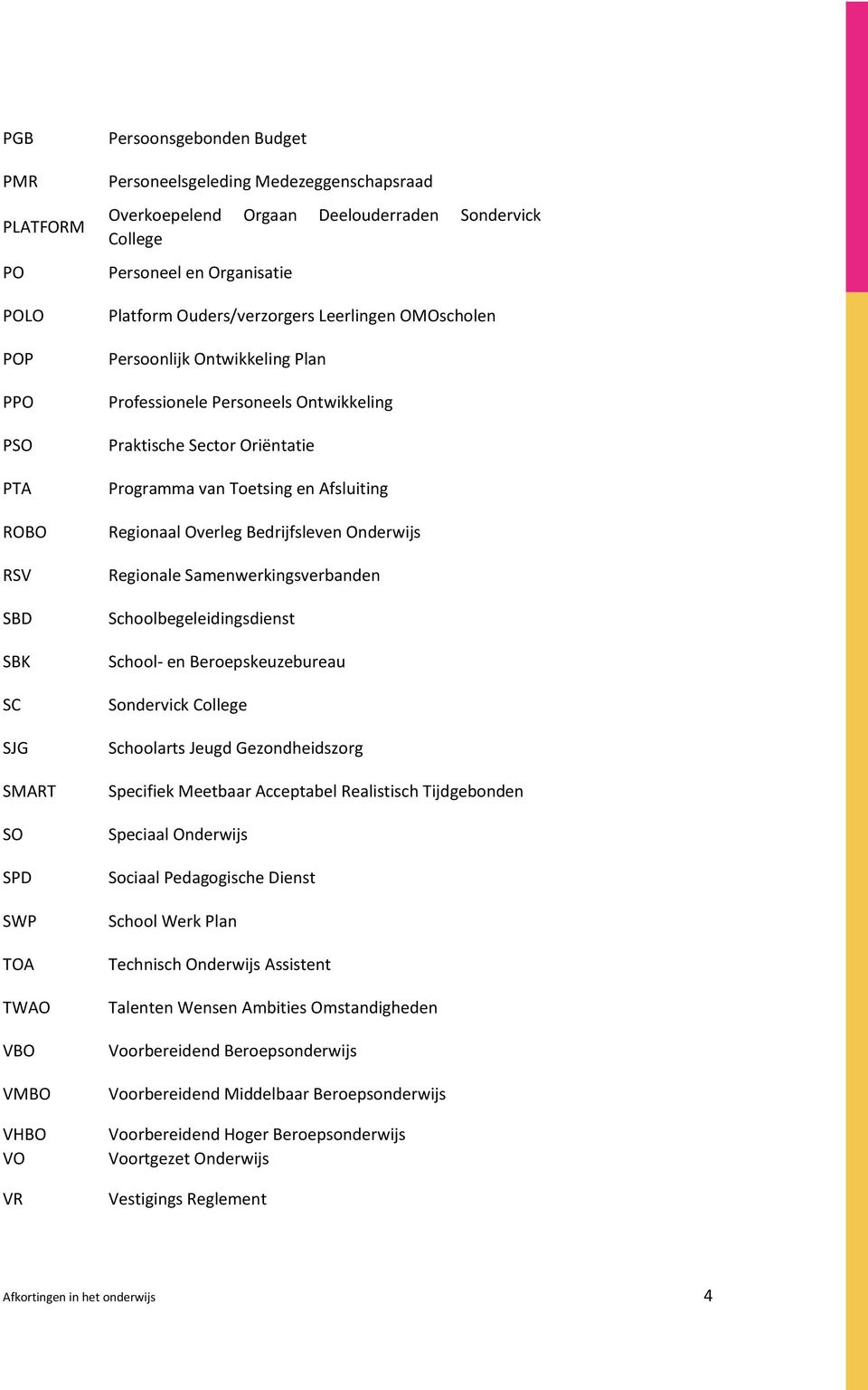 Oriëntatie Programma van Toetsing en Afsluiting Regionaal Overleg Bedrijfsleven Onderwijs Regionale Samenwerkingsverbanden Schoolbegeleidingsdienst School- en Beroepskeuzebureau Sondervick College