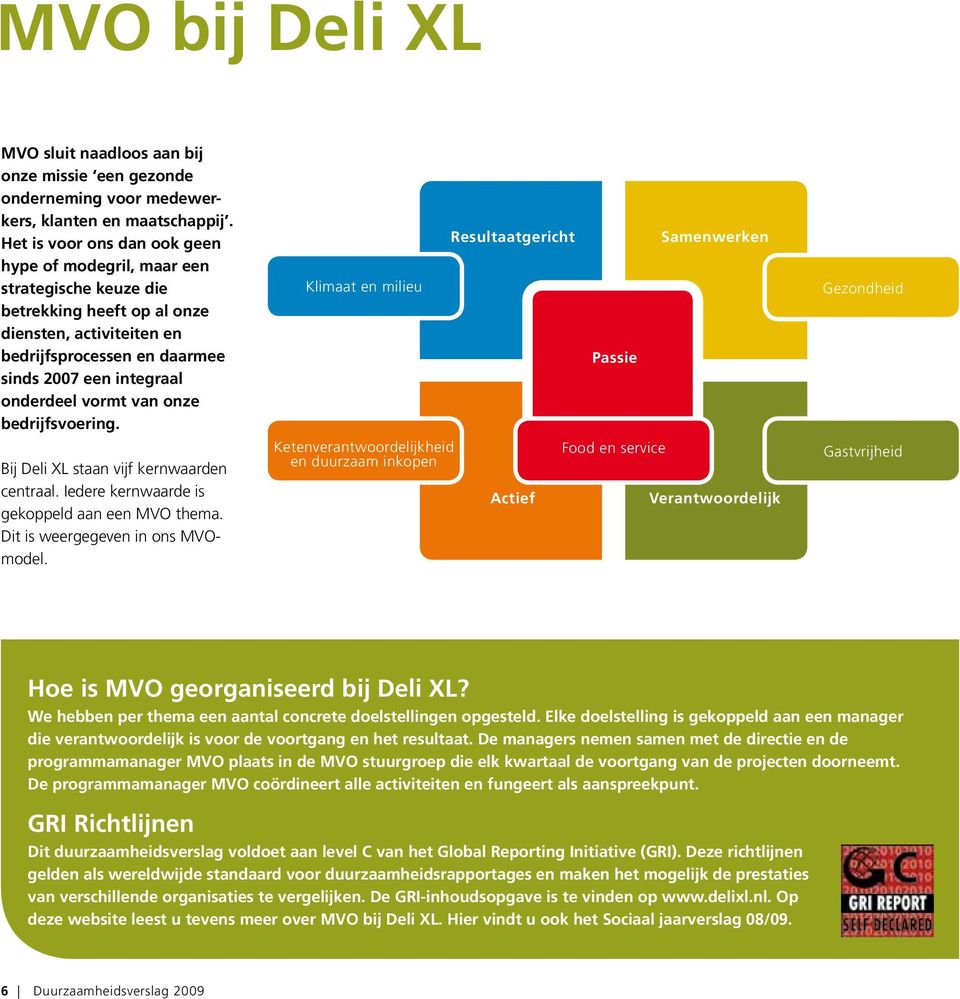 vormt van onze bedrijfsvoering. Bij Deli XL staan vijf kernwaarden centraal. Iedere kernwaarde is gekoppeld aan een MVO thema. Dit is weergegeven in ons MVOmodel.