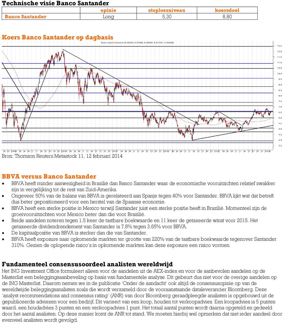 Ongeveer 50% van de balans van BBVA is gerelateerd aan Spanje tegen 40% voor Santander. BBVA lijkt wat dat betreft dus beter gepositioneerd voor een herstel van de Spaanse economie.