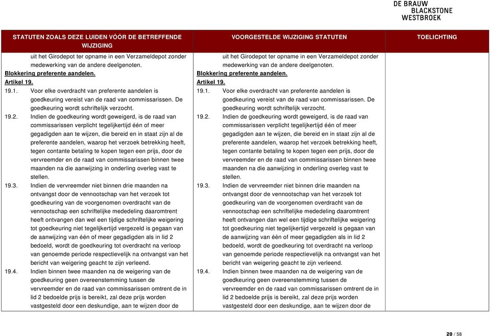 De goedkeuring wordt schriftelijk verzocht. 19.1. Voor elke overdracht van preferente aandelen is goedkeuring vereist van de raad van commissarissen. De goedkeuring wordt schriftelijk verzocht. 19.2.