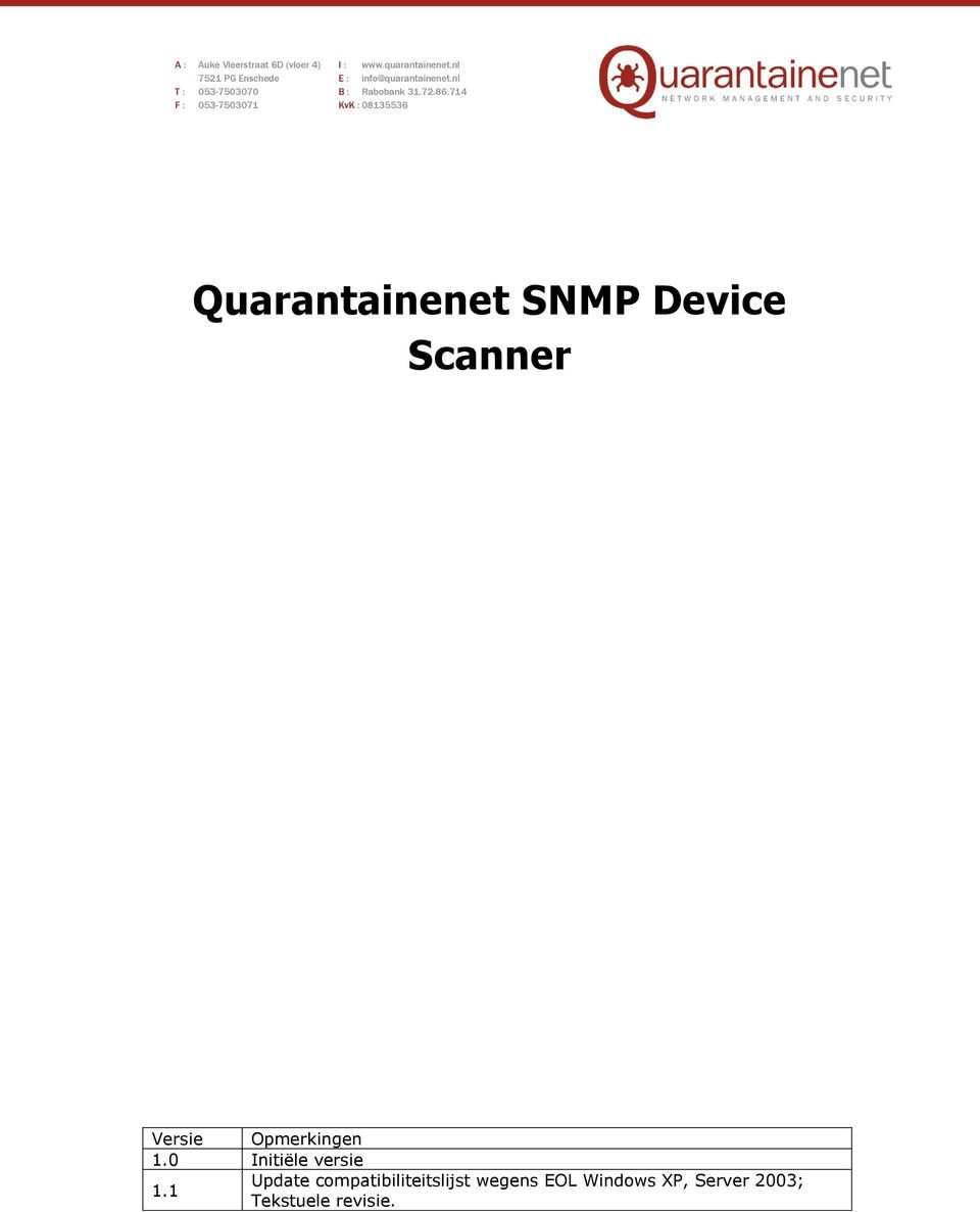 714 F : 053-7503071 KvK : 08135536 Quarantainenet SNMP Device Scanner Versie