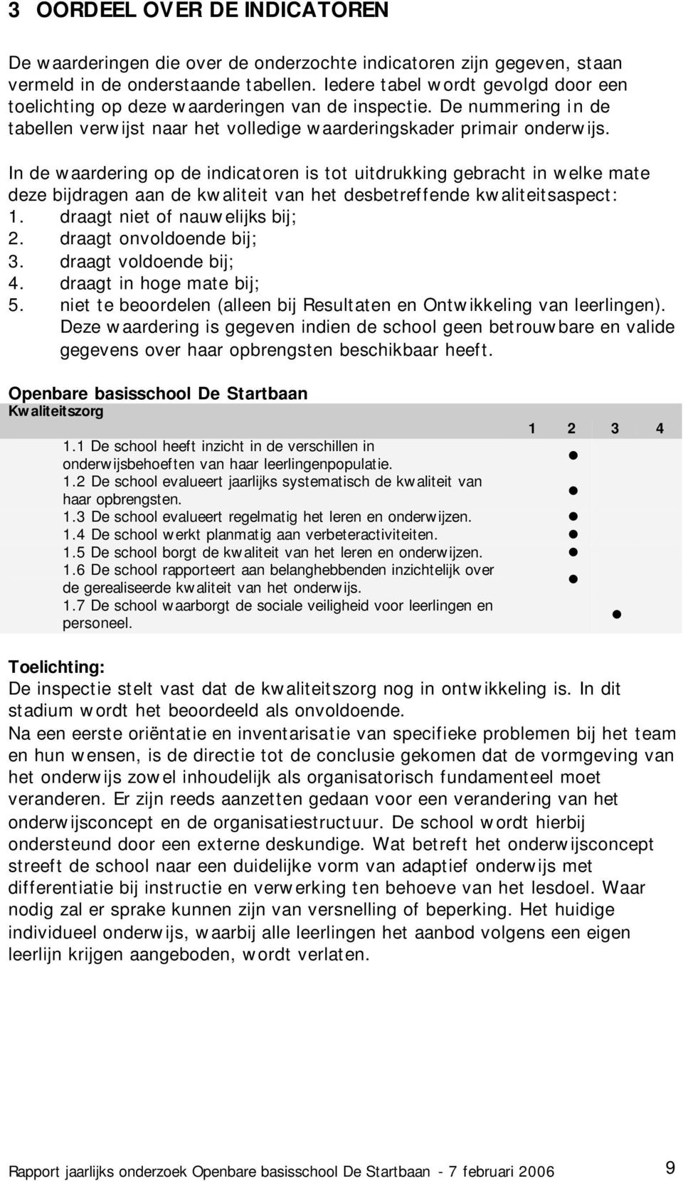 In de waardering op de indicatoren is tot uitdrukking gebracht in welke mate deze bijdragen aan de kwaliteit van het desbetreffende kwaliteitsaspect: 1. draagt niet of nauwelijks bij; 2.