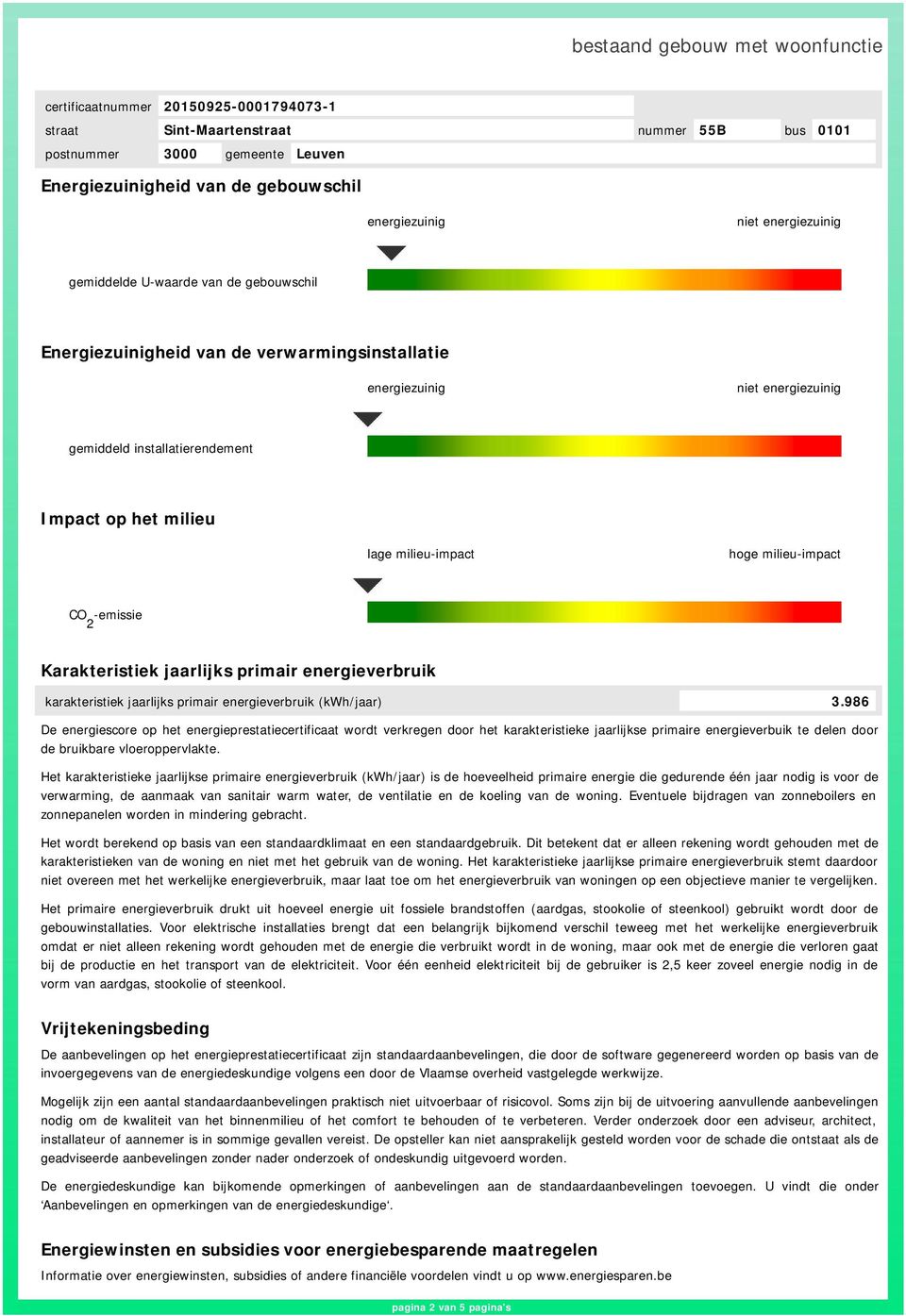 986 De energiescore op het energieprestatiecertificaat wordt verkregen door het karakteristieke jaarlijkse primaire energieverbuik te delen door de bruikbare vloeroppervlakte.