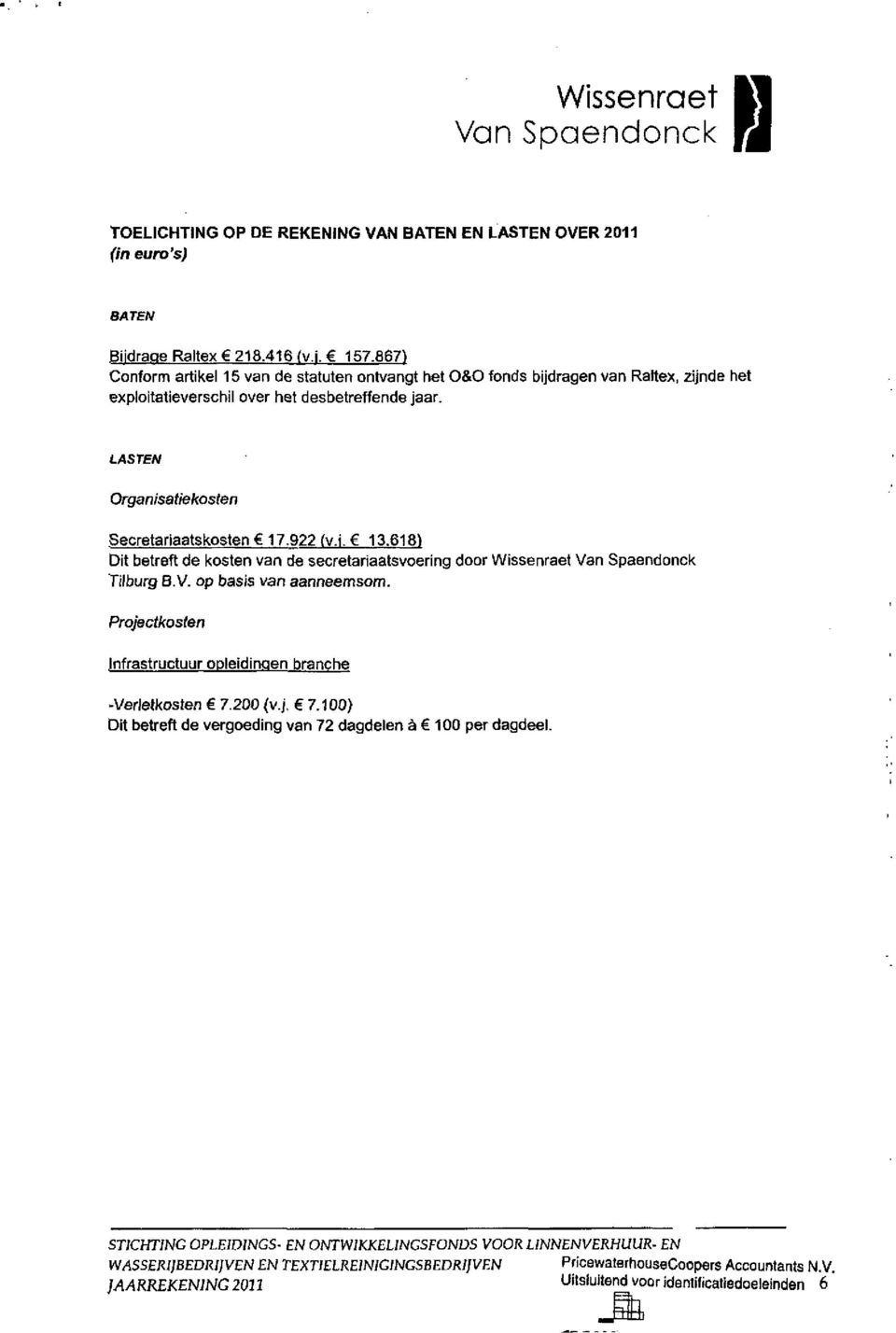 922 fv.i. 13.618) Dit betreft de kosten van de secretariaatsvoering door Wissenraet Tilburg B.V. op basis van aanneemsom. Projectl<osten infrastructuur opleidingen branche -Verletkosten 7.200 (vj.