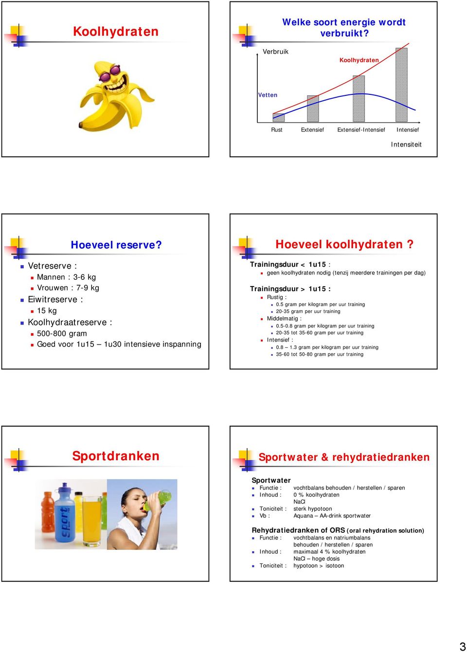 Goed voor 1u15 1u3 intensieve inspanning Hoeveel koolhydraten? Trainingsduur < 1u15 : geen koolhydraten nodig (tenzij meerdere trainingen per dag) Trainingsduur > 1u15 : Rustig :.