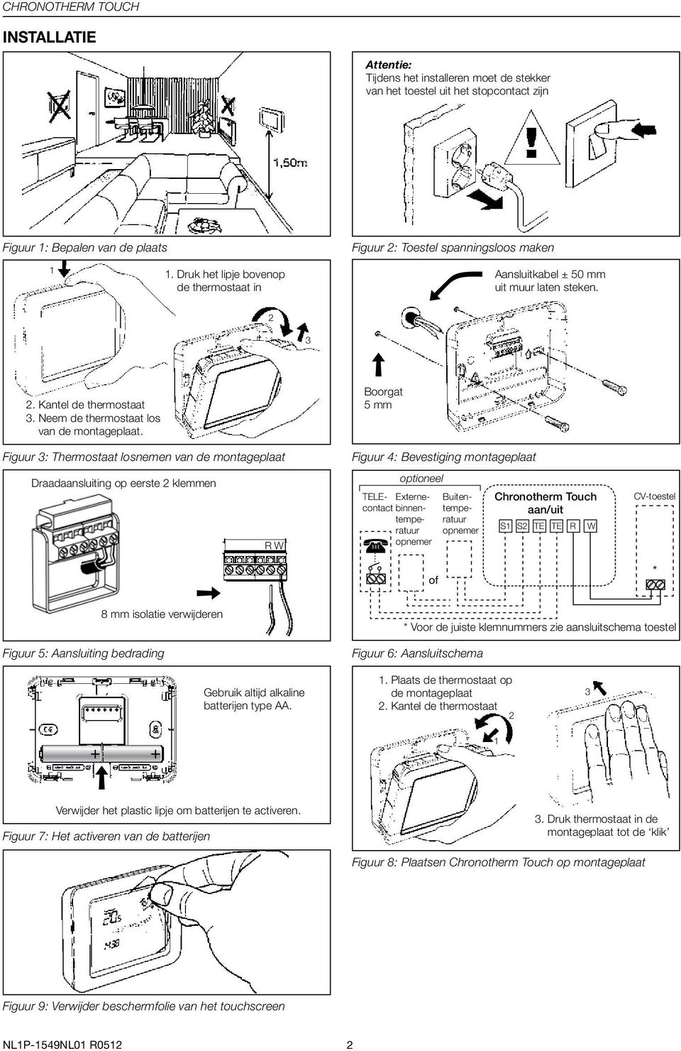 Figuur 3: Thermostaat losnemen van de montageplaat Draadaansluiting op eerste 2 klemmen R W Boorgat 5 mm Figuur 4: Bevestiging montageplaat optioneel TELEcontacbinnen- Externe-