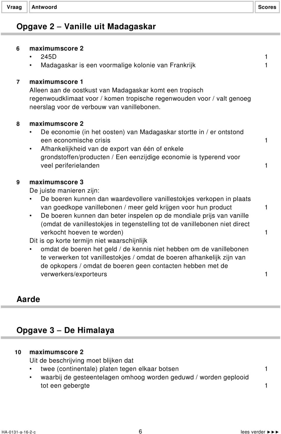 8 maximumscore 2 De economie (in het oosten) van Madagaskar stortte in / er ontstond een economische crisis 1 Afhankelijkheid van de export van één of enkele grondstoffen/producten / Een eenzijdige