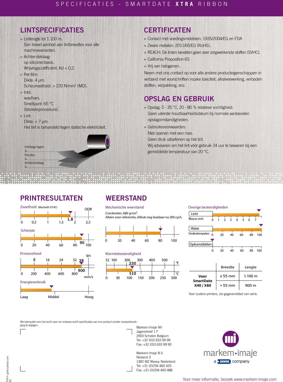 Vrij van halogenen. Opslag: 5-35, 20-80 % relatieve vochtigheid. Geen druk uitoefenen op het lint.