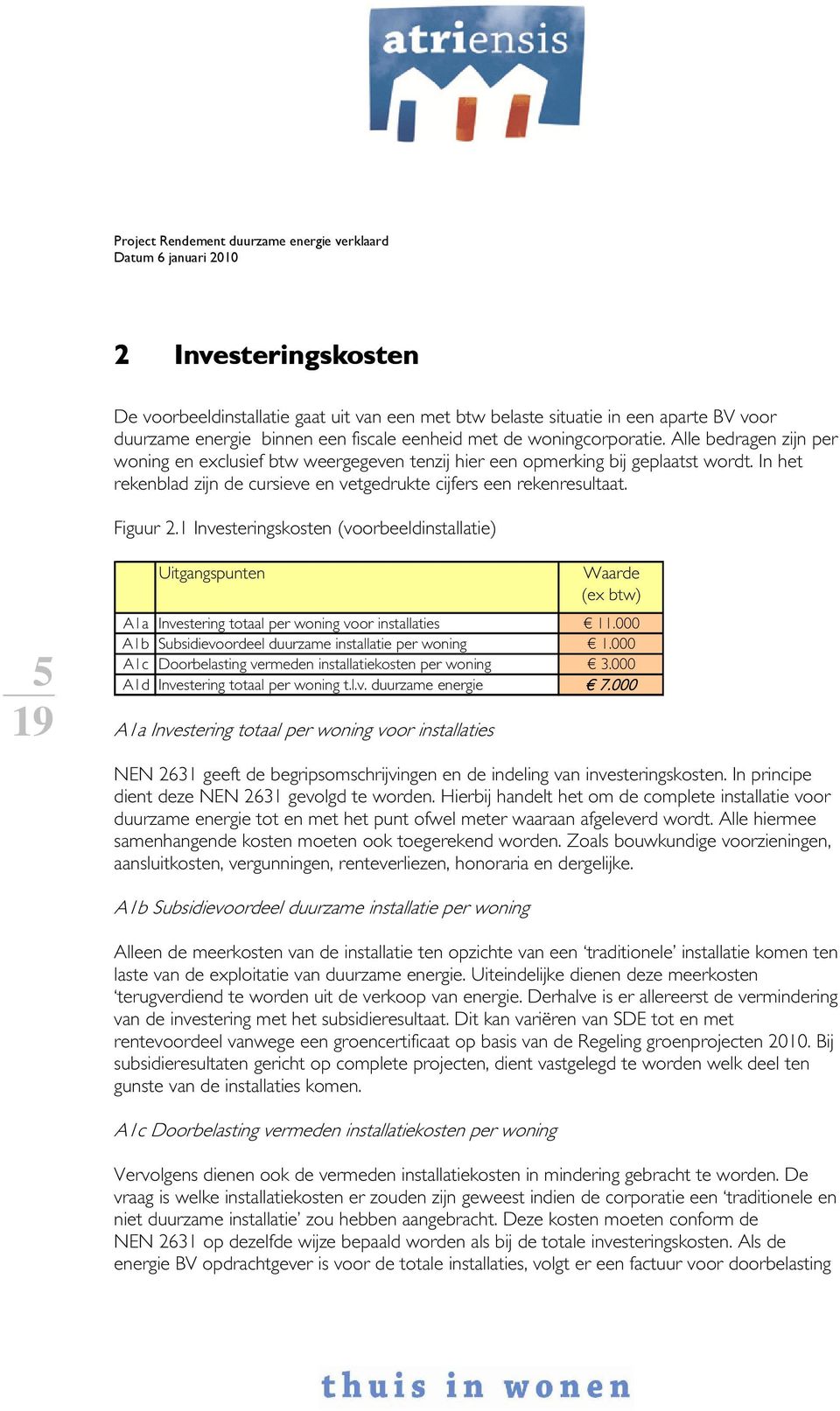 1 Investeringskosten (voorbeeldinstallatie) 5 Uitgangspunten Waarde (ex btw) A1a Investering totaal per woning voor installaties 11.000 A1b Subsidievoordeel duurzame installatie per woning 1.