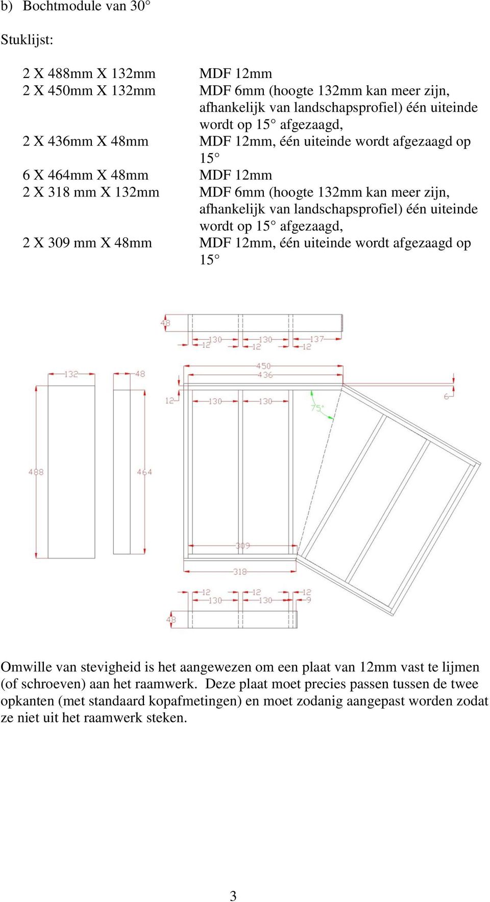 landschapsprofiel) één uiteinde wordt op 15 afgezaagd, 2 X 309 mm X 48mm MDF 12mm, één uiteinde wordt afgezaagd op 15 Omwille van stevigheid is het aangewezen om een plaat van 12mm