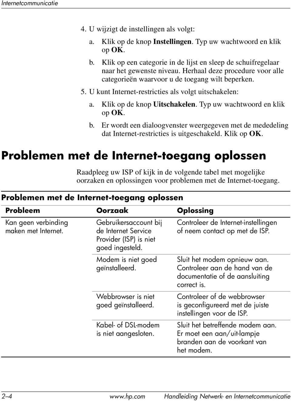 U kunt Internet-restricties als volgt uitschakelen: a. Klik op de knop Uitschakelen. Typ uw wachtwoord en klik op OK. b.