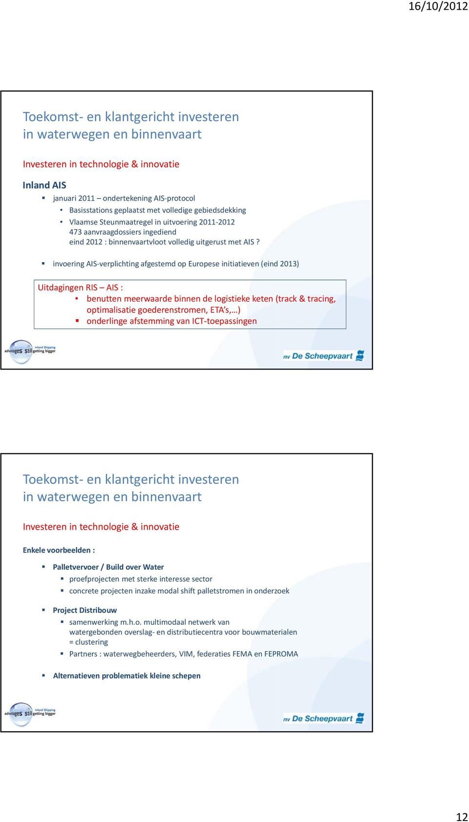 invoering AIS verplichting afgestemd op Europese initiatieven (eind 2013) Uitdagingen RIS AIS : benutten meerwaarde binnen de logistieke keten (track & tracing, optimalisatie goederenstromen, ETA s,