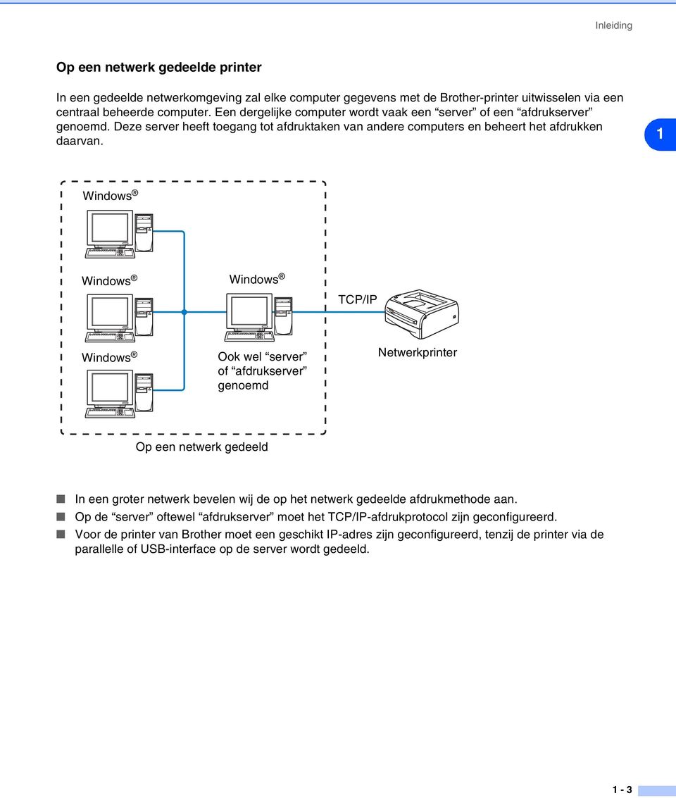 1 Windows Windows Windows TCP/IP Windows Ook wel server of afdrukserver genoemd Netwerkprinter Op een netwerk gedeeld In een groter netwerk bevelen wij de op het netwerk gedeelde afdrukmethode aan.