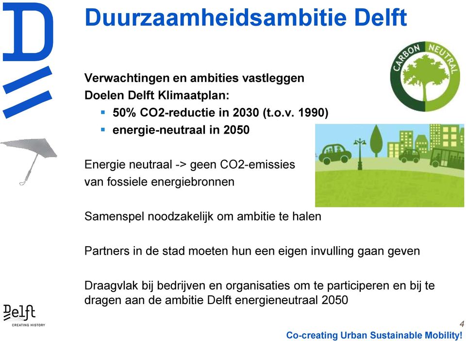 1990) energie-neutraal in 2050 Energie neutraal -> geen CO2-emissies van fossiele energiebronnen Samenspel