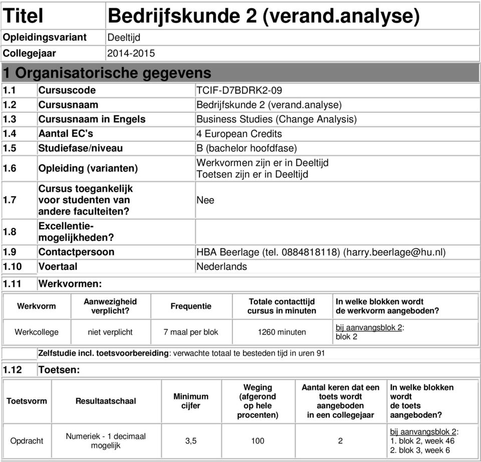 8 Cursus toegankelijk voor studenten van andere faculteiten? Excellentiemogelijkheden? Werkvormen zijn er in Deeltijd Toetsen zijn er in Deeltijd Nee 1.9 Contactpersoon HBA Beerlage (tel.