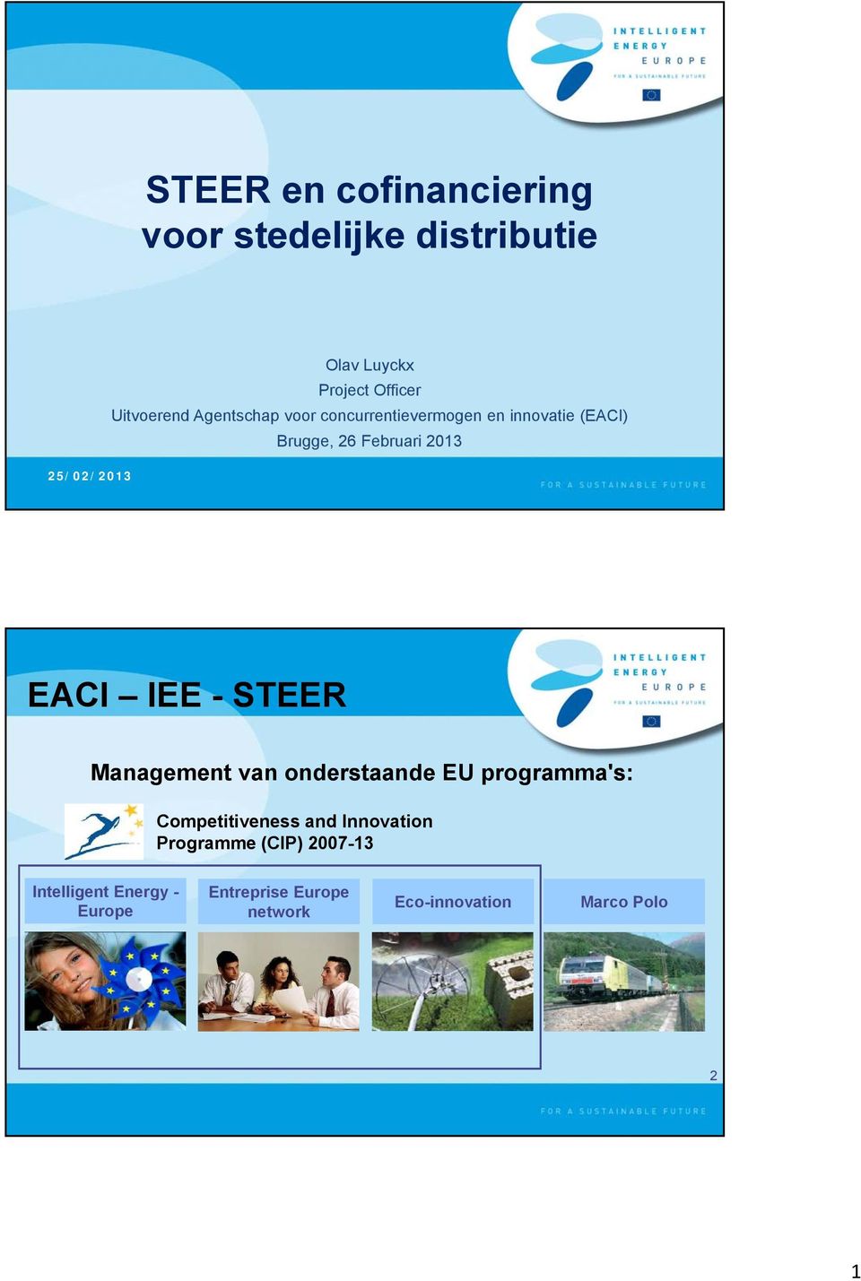 EACI IEE - STEER Management van onderstaande EU programma's: Competitiveness and Innovation