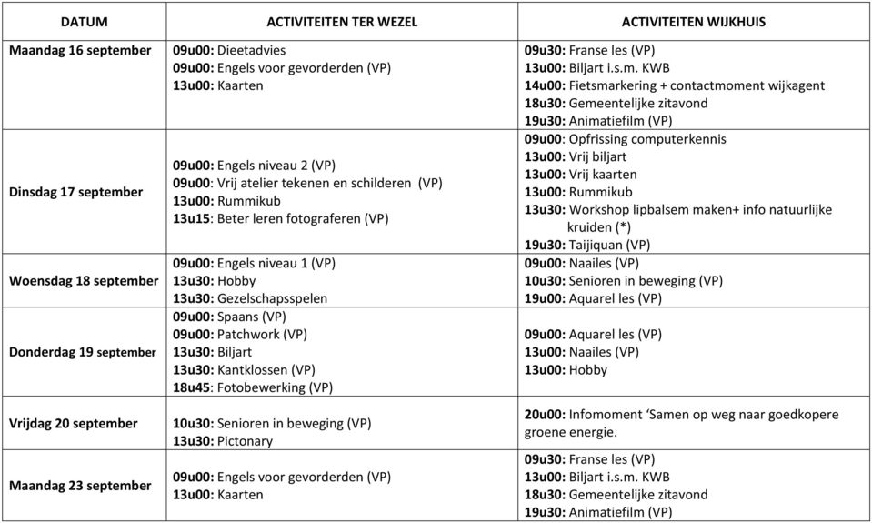 niveau 1 (VP) 13u30: Hobby 13u30: Gezelschapsspelen 09u00: Spaans (VP) 09u00: Patchwork (VP) 13u30: Biljart 13u30: Kantklossen (VP) 18u45: Fotobewerking (VP) 10u30: Senioren in beweging (VP) 13u30: