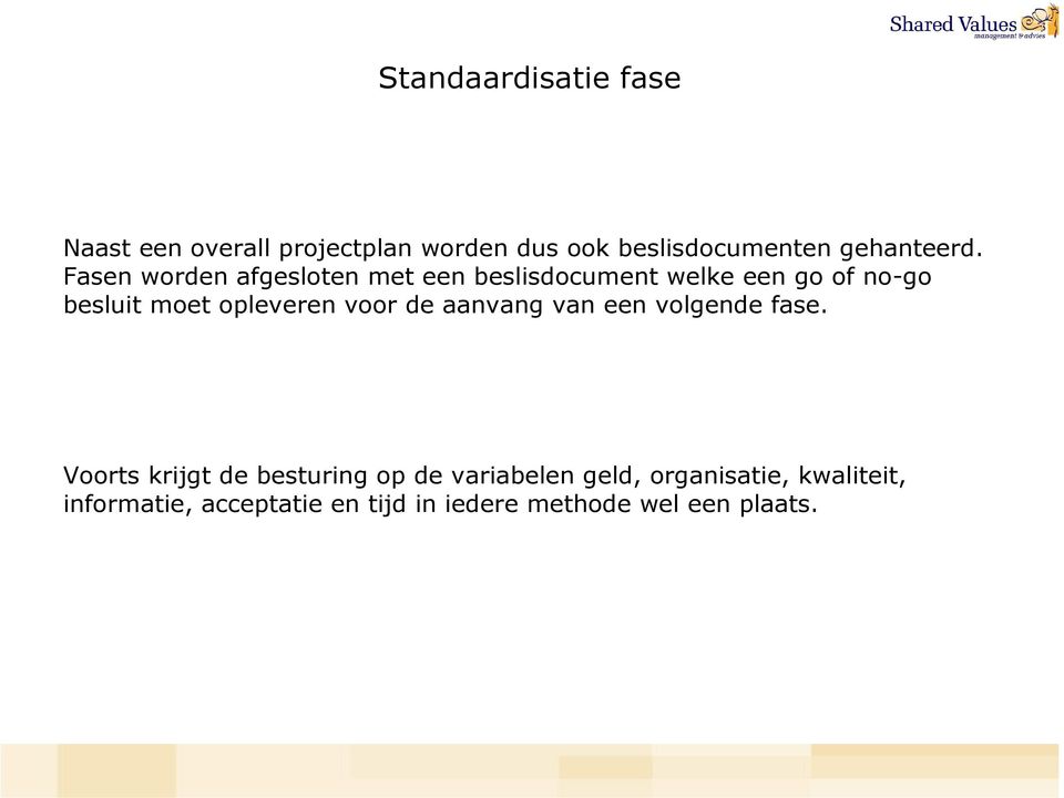 Fasen worden afgesloten met een beslisdocument welke een go of no-go besluit moet