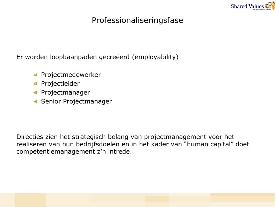 zien het strategisch belang van projectmanagement voor het realiseren van hun