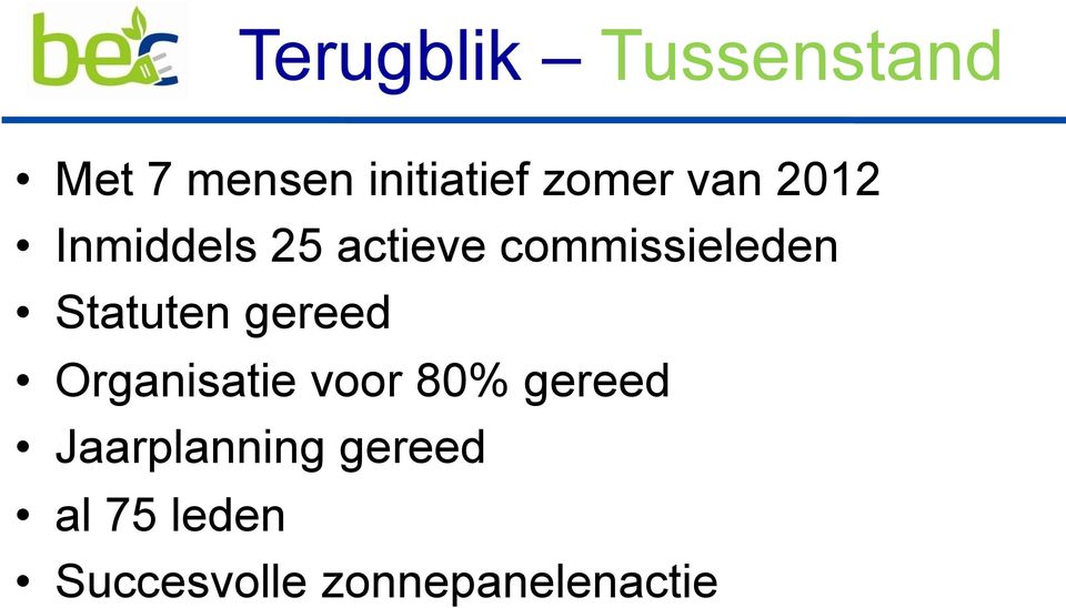 Statuten gereed Organisatie voor 80% gereed