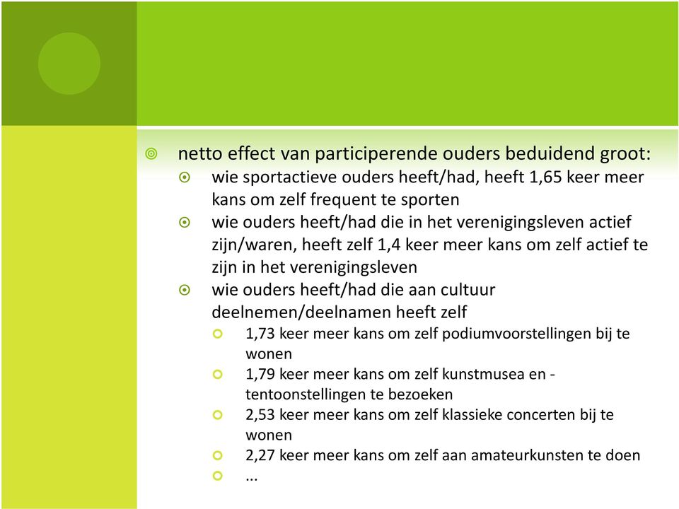 heeft/had die aan cultuur deelnemen/deelnamen heeft zelf 1,73 keer meer kans om zelf podiumvoorstellingen bij te wonen 1,79 keer meer kans om zelf