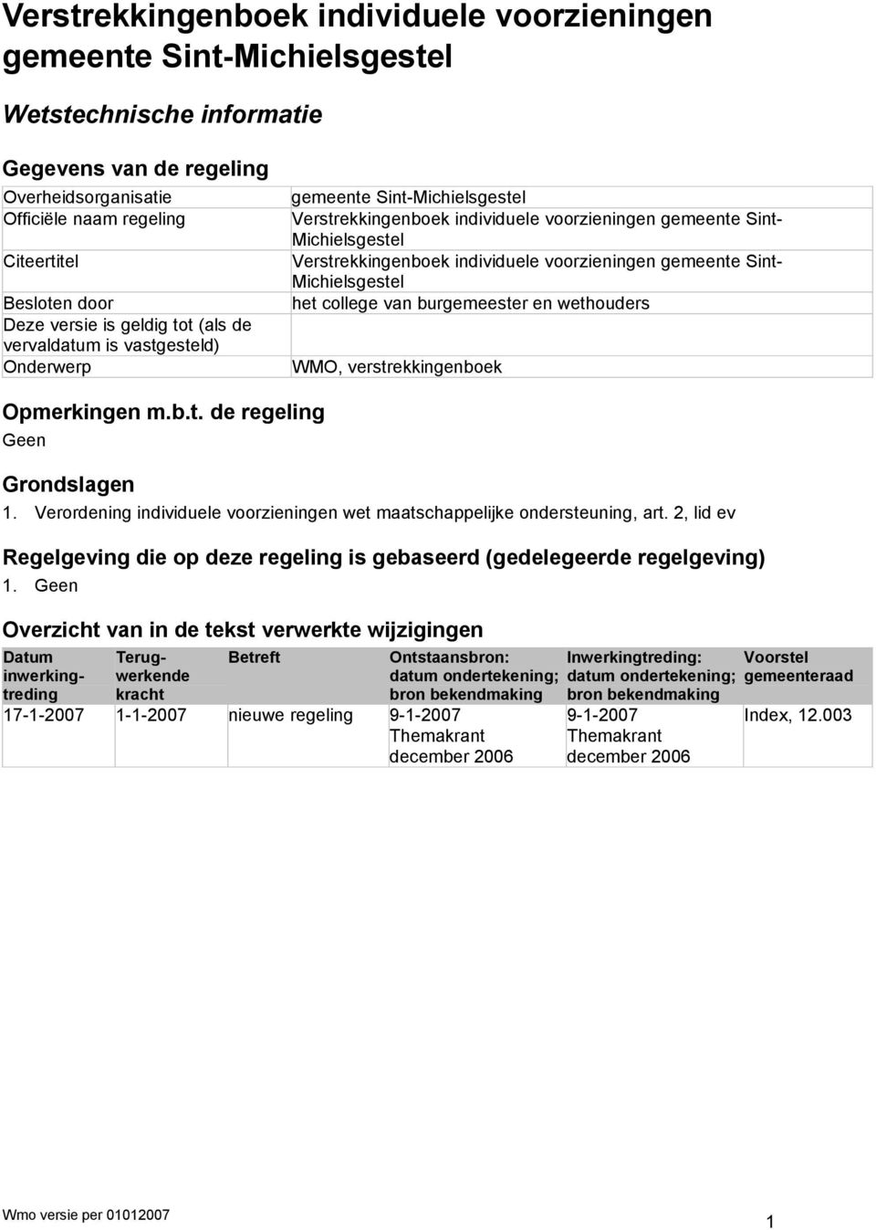 individuele voorzieningen gemeente Sint- Michielsgestel het college van burgemeester en wethouders WMO, verstrekkingenboek Opmerkingen m.b.t. de regeling Geen Grondslagen 1.