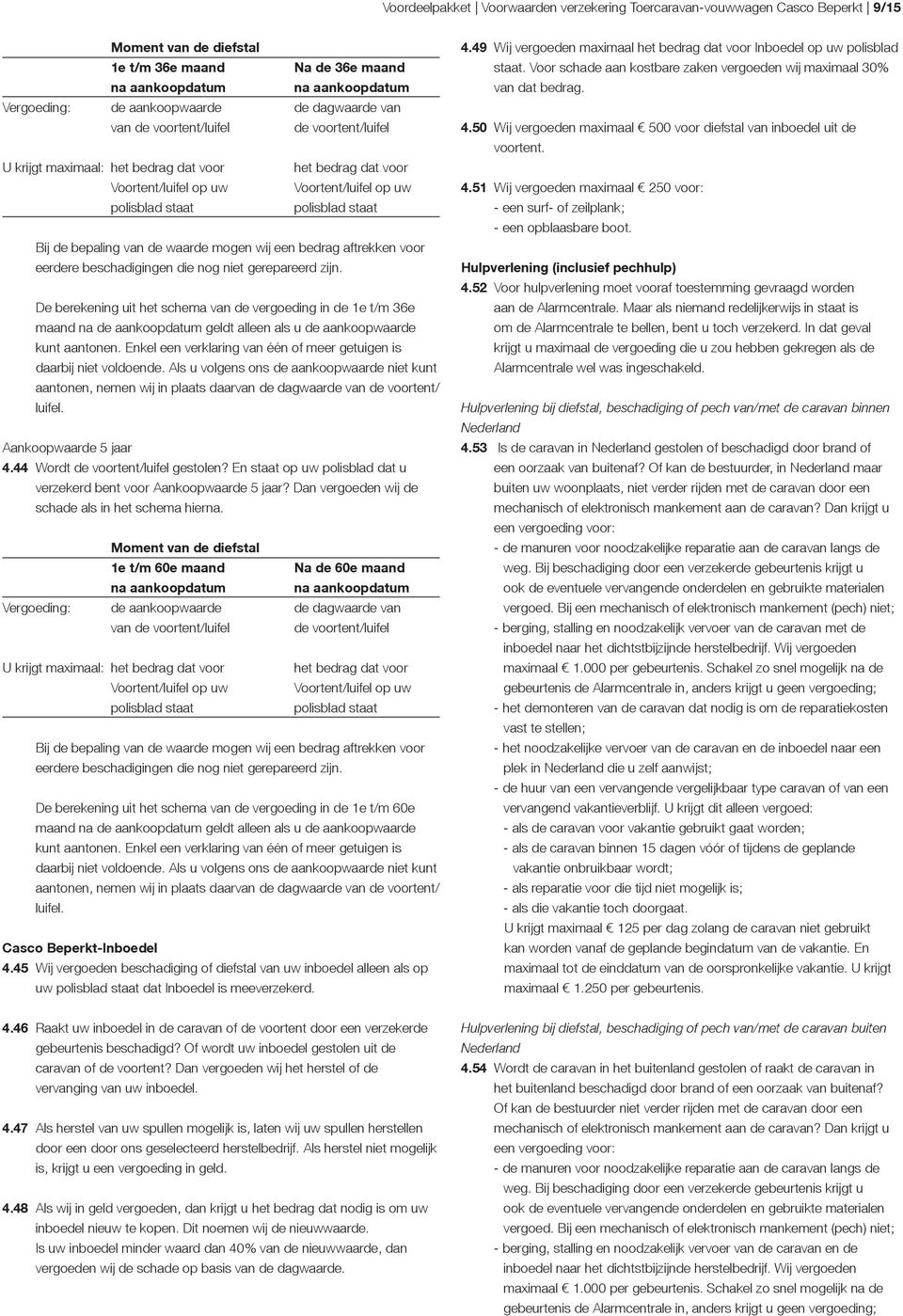 44 Wordt de voortent/luifel gestolen? En staat op uw polisblad dat u verzekerd bent voor? Dan vergoeden wij de schade als in het schema hierna.