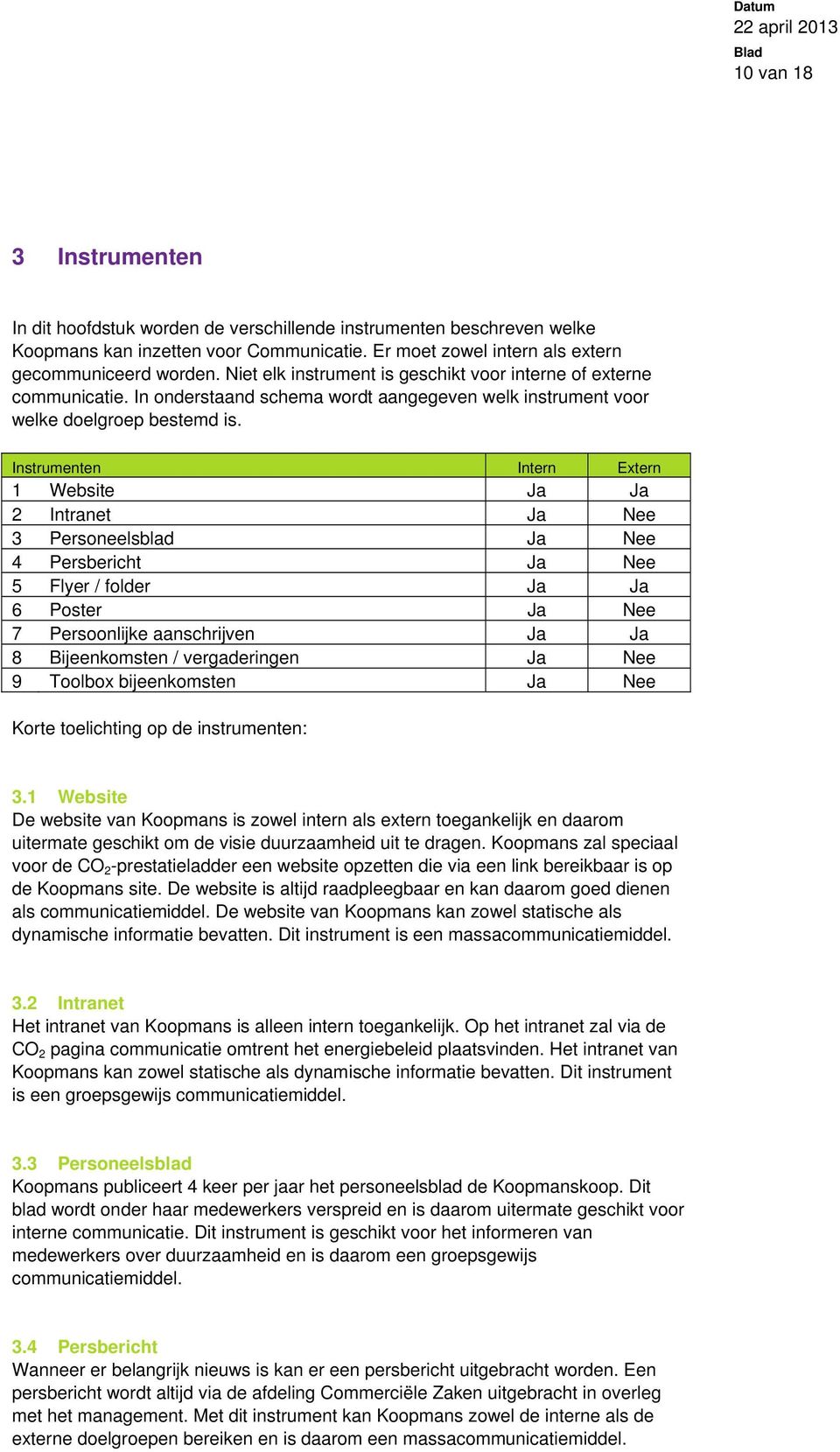 Instrumenten Intern Extern 1 Website Ja Ja 2 Intranet Ja Nee 3 Personeelsblad Ja Nee 4 Persbericht Ja Nee 5 Flyer / folder Ja Ja 6 Poster Ja Nee 7 Persoonlijke aanschrijven Ja Ja 8 Bijeenkomsten /