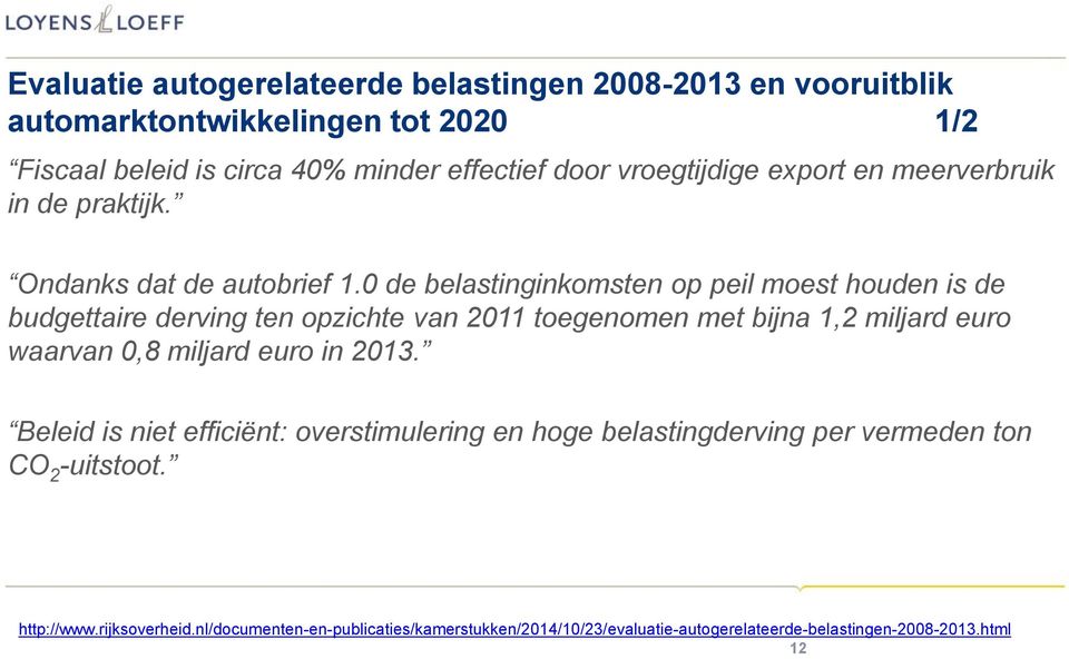 0 de belastinginkomsten op peil moest houden is de budgettaire derving ten opzichte van 2011 toegenomen met bijna 1,2 miljard euro waarvan 0,8 miljard euro