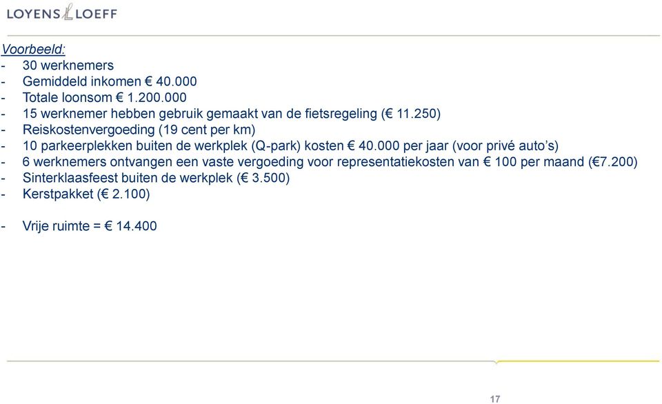 250) - Reiskostenvergoeding (19 cent per km) - 10 parkeerplekken buiten de werkplek (Q-park) kosten 40.