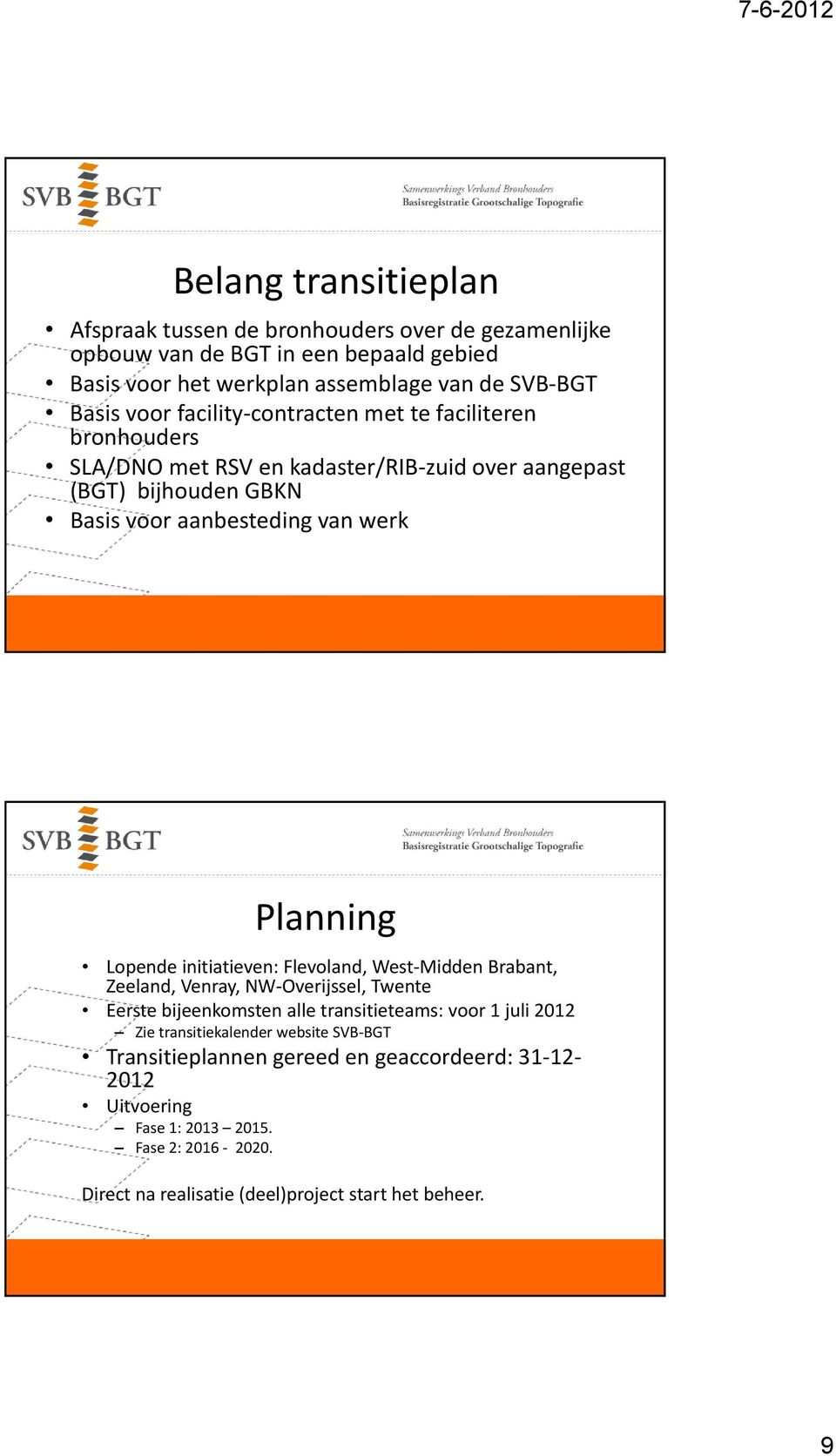 Lopende initiatieven: Flevoland, West Midden Brabant, Zeeland, Venray, NW Overijssel, Twente Eerste bijeenkomsten alle transitieteams: voor 1 juli 2012 Zie