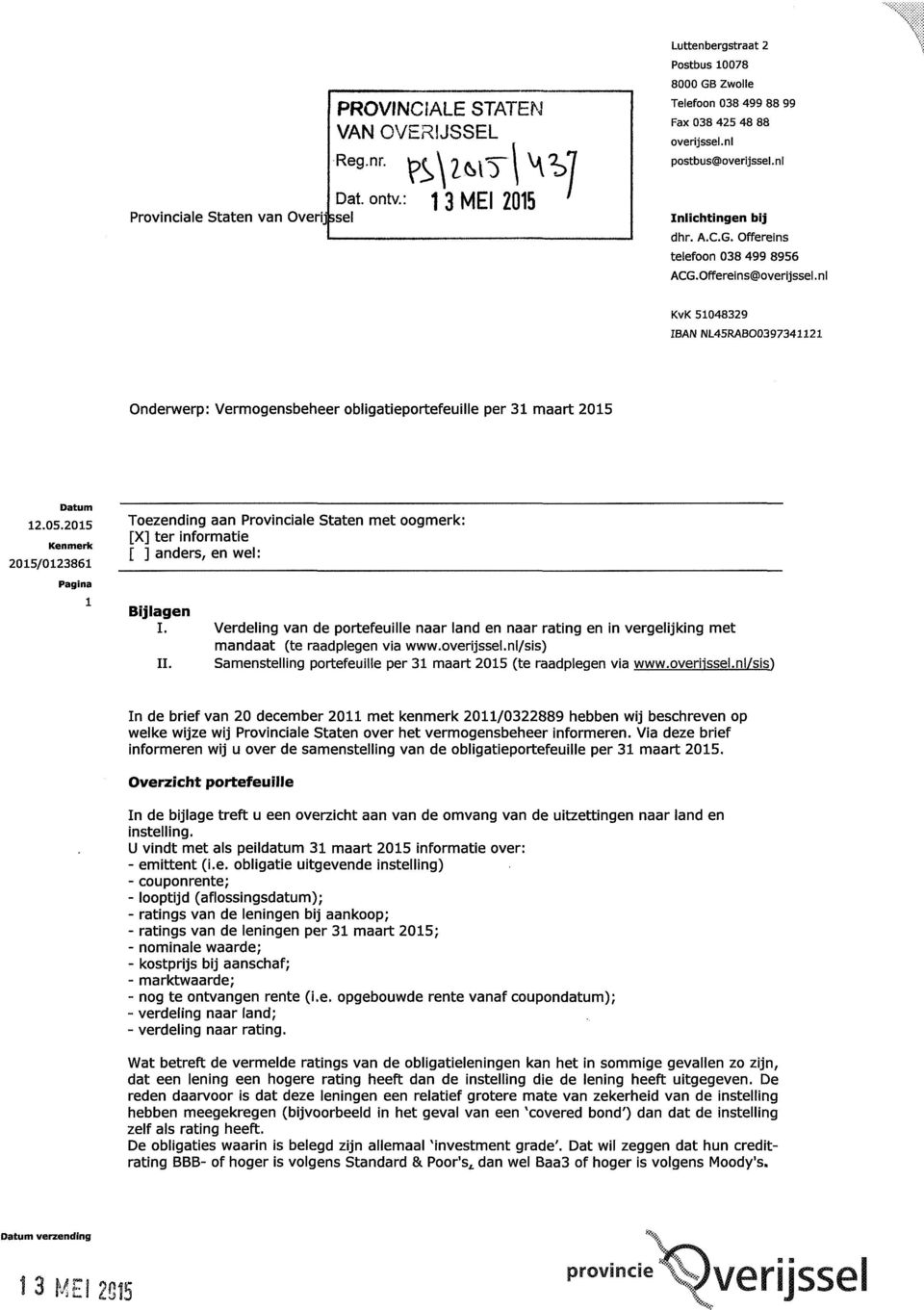 A.C.G. Offereins telefoon 038 499 8956 ACG.Offerelns@overijssel.nl KvK 51048329 IBAN NL45RABO0397341121 Onderwerp: Vermogensbeheer obligatieportefeuille per 31 maart 2015 Datum 12.05.