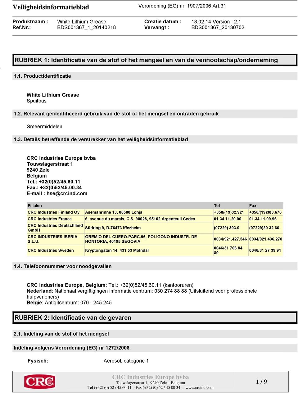 Details betreffende de verstrekker van het veiligheidsinformatieblad Touwslagerstraat 1 9240 Zele Belgium Tel.: +32(0)52/45.60.11 Fax.: +32(0)52/45.00.34 E-mail : hse@crcind.