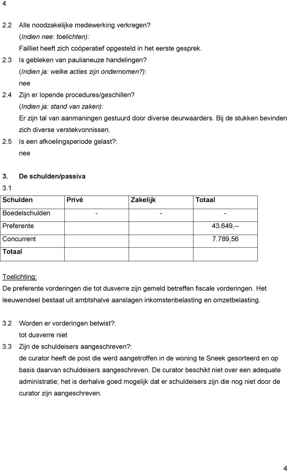 Bij de stukken bevinden zich diverse verstekvonnissen. 2.5 Is een afkoelingsperiode gelast?: 3. De schulden/passiva 3.1 Schulden Privé Zakelijk Totaal Boedelschulden - - - Preferente 43.