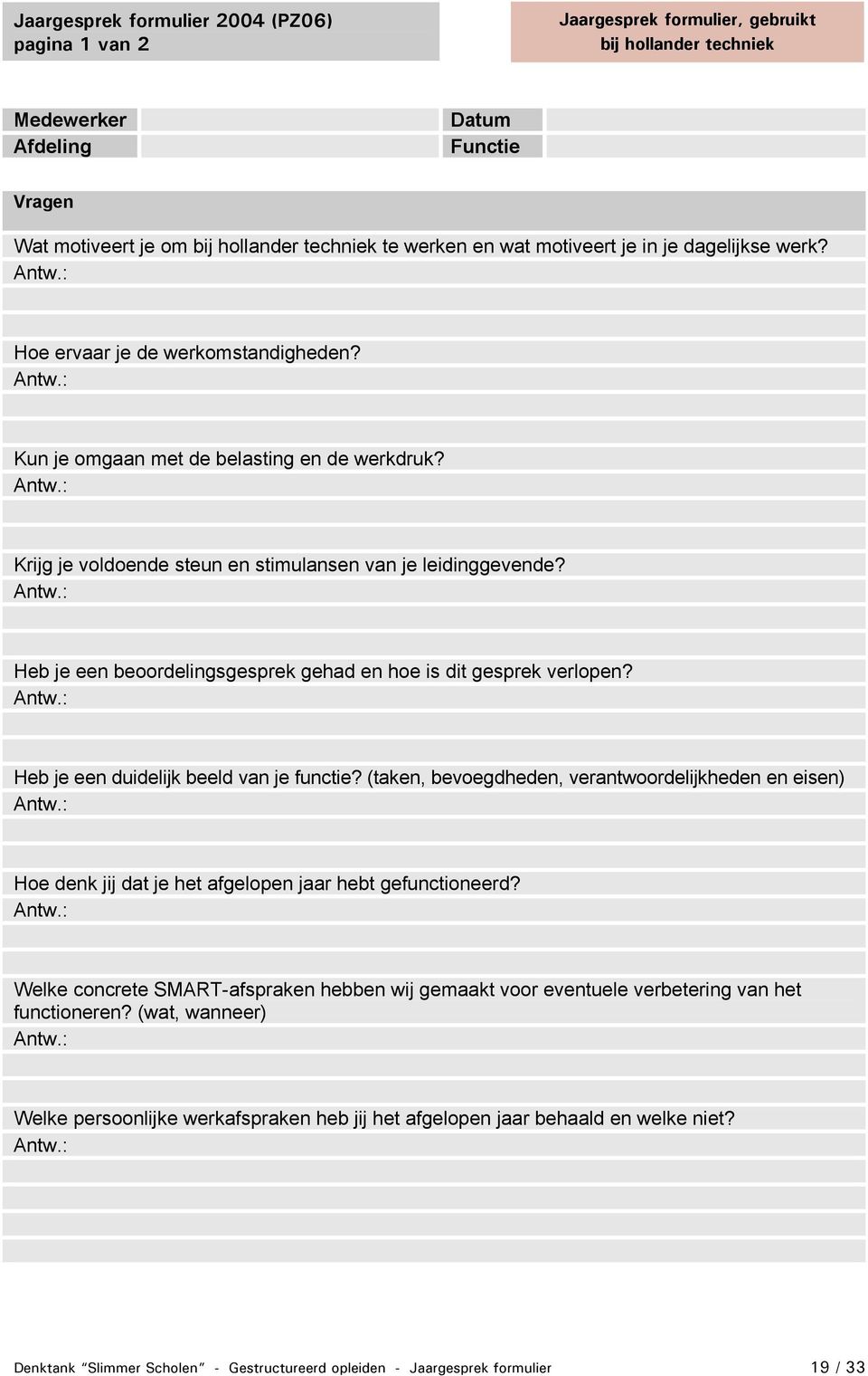 Antw.: Heb je een beoordelingsgesprek gehad en hoe is dit gesprek verlopen? Antw.: Heb je een duidelijk beeld van je functie? (taken, bevoegdheden, verantwoordelijkheden en eisen) Antw.