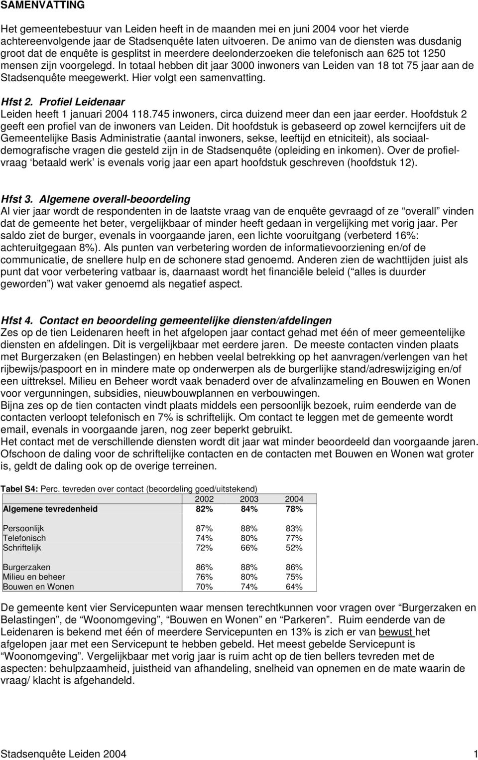 In totaal hebben dit jaar 3000 inwoners van Leiden van 18 tot 75 jaar aan de Stadsenquête meegewerkt. Hier volgt een samenvatting. Hfst 2. Profiel Leidenaar Leiden heeft 1 januari 2004 118.