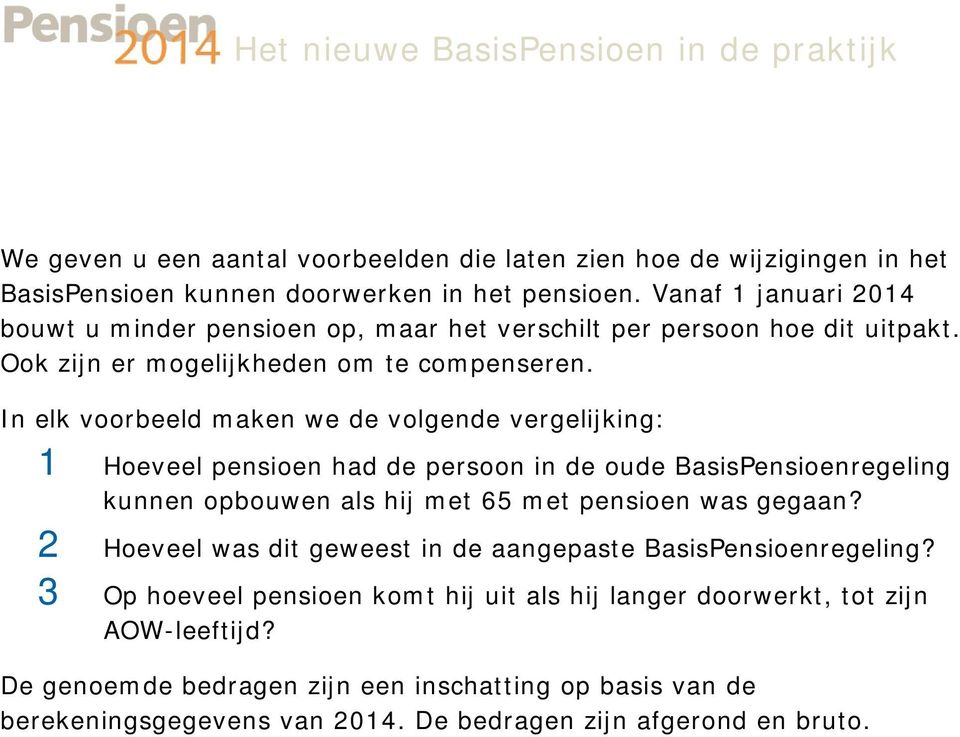 In elk voorbeeld maken we de volgende vergelijking: 1 Hoeveel pensioen had de persoon in de oude BasisPensioenregeling kunnen opbouwen als hij met 65 met pensioen was gegaan?