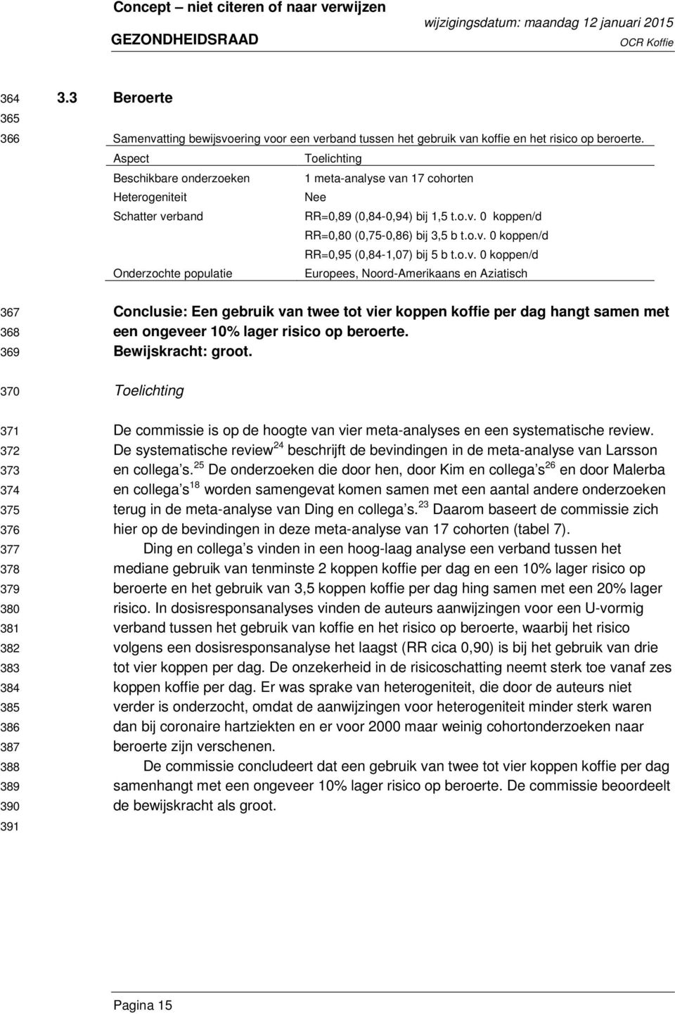 Aspect Beschikbare onderzoeken 1 meta-analyse van 17 cohorten Heterogeniteit Nee Schatter verband RR=0,89 (0,84-0,94) bij 1,5 t.o.v. 0 koppen/d RR=0,80 (0,75-0,86) bij 3,5 b t.o.v. 0 koppen/d RR=0,95 (0,84-1,07) bij 5 b t.