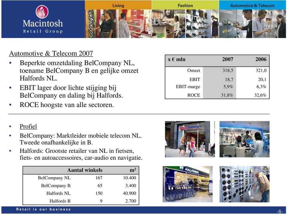 x mln 2007 2006 Omzet 318,5 321,0 EBIT 18,7 20,1 EBIT-marge 5,9% 6,3% ROCE 31,8% 32,6% Profiel BelCompany: Marktleider mobiele telecom NL.