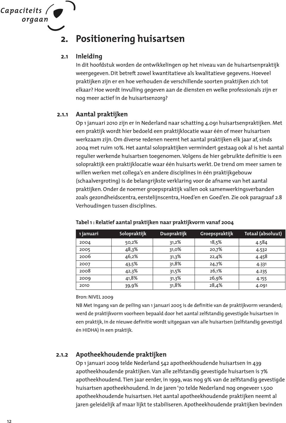 Hoe wordt invulling gegeven aan de diensten en welke professionals zijn er nog meer actief in de huisartsenzorg? 2.1.1 Aantal praktijken Op 1 januari 2010 zijn er in Nederland naar schatting 4.