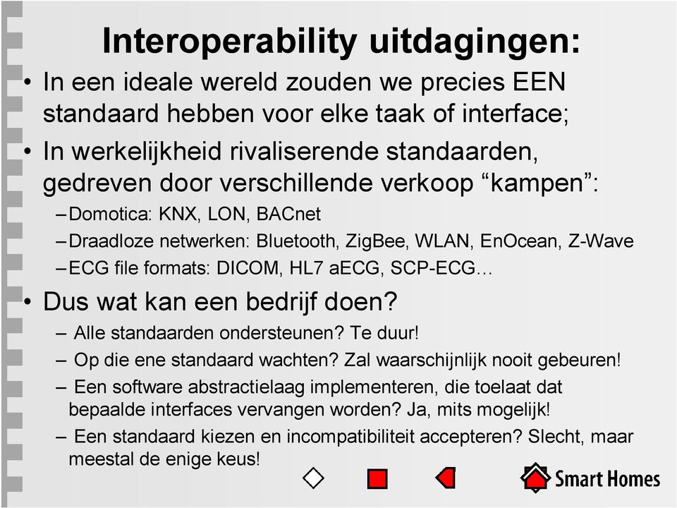 SCP-ECG Dus wat kan een bedrijf doen? Alle standaarden ondersteunen? Te duur! Op die ene standaard wachten? Zal waarschijnlijk nooit gebeuren!