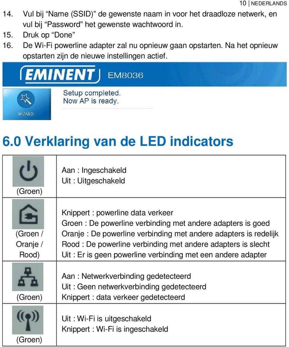 0 Verklaring van de LED indicators (Groen) Aan : Ingeschakeld Uit : Uitgeschakeld (Groen / Oranje / Rood) Knippert : powerline data verkeer Groen : De powerline verbinding met andere adapters is goed