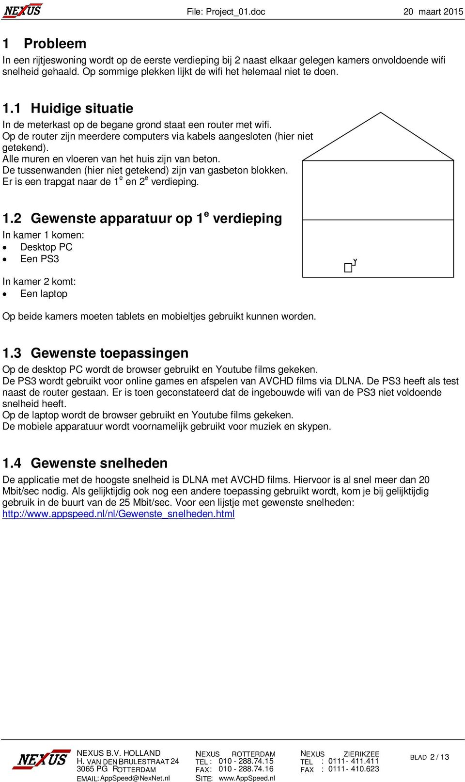 Alle muren en vloeren van het huis zijn van beton. De tussenwanden (hier niet getekend) zijn van gasbeton blokken. Er is een trapgat naar de 1 