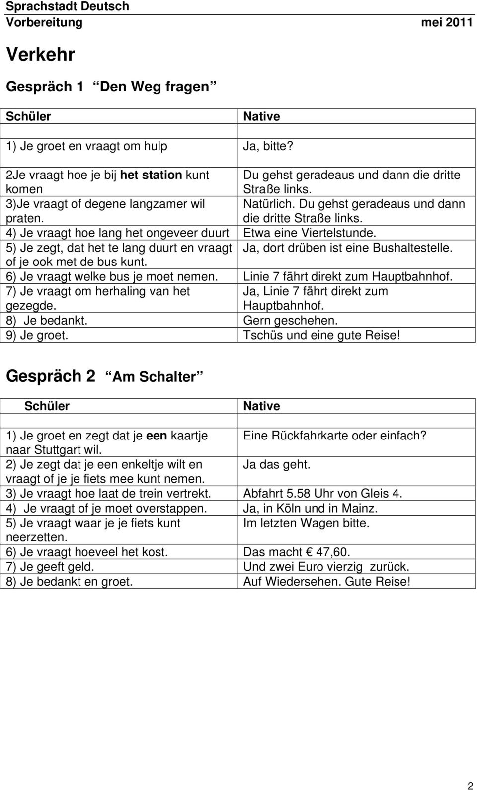 5) Je zegt, dat het te lang duurt en vraagt Ja, dort drüben ist eine Bushaltestelle. of je ook met de bus kunt. 6) Je vraagt welke bus je moet nemen. Linie 7 fährt direkt zum Hauptbahnhof.