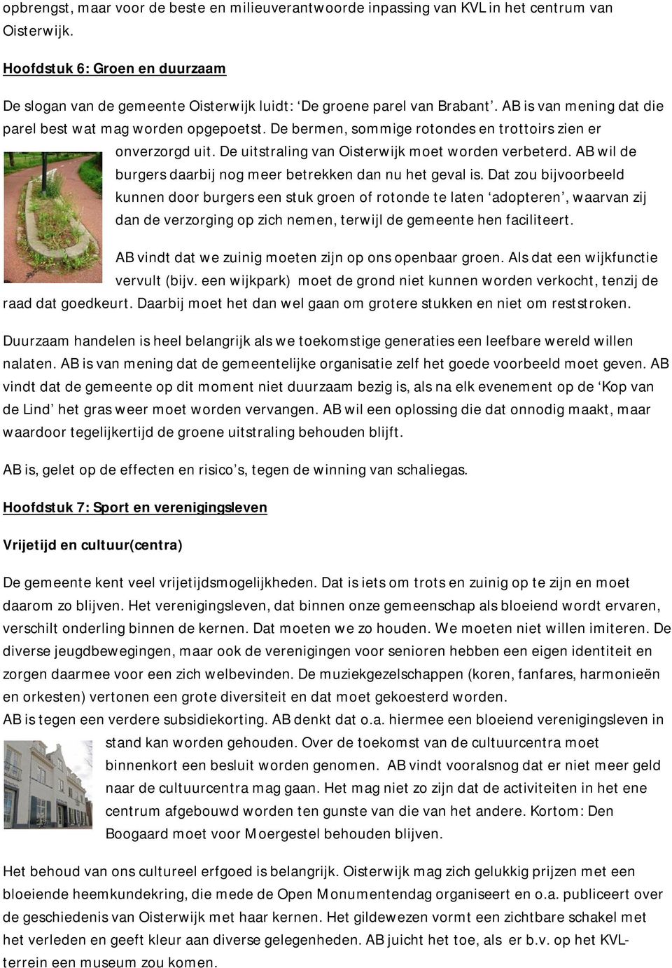 De bermen, sommige rotondes en trottoirs zien er onverzorgd uit. De uitstraling van Oisterwijk moet worden verbeterd. AB wil de burgers daarbij nog meer betrekken dan nu het geval is.