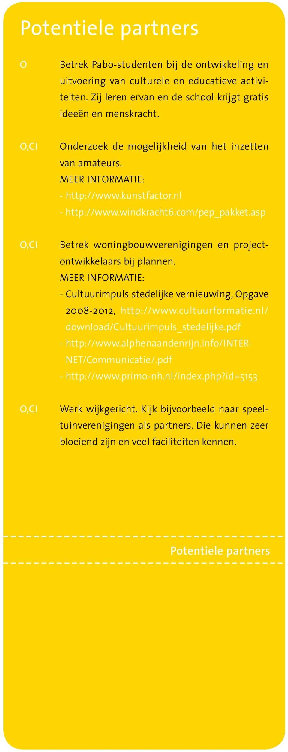 asp O,CI Betrek woningbouwverenigingen en projectontwikkelaars bij plannen. - Cultuurimpuls stedelijke vernieuwing, Opgave 2008-2012, http://www.cultuurformatie.