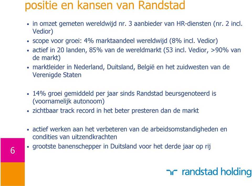 Vedior, >90% van de markt) marktleider in Nederland, Duitsland, België en het zuidwesten van de Verenigde Staten 14% groei gemiddeld per jaar sinds Randstad