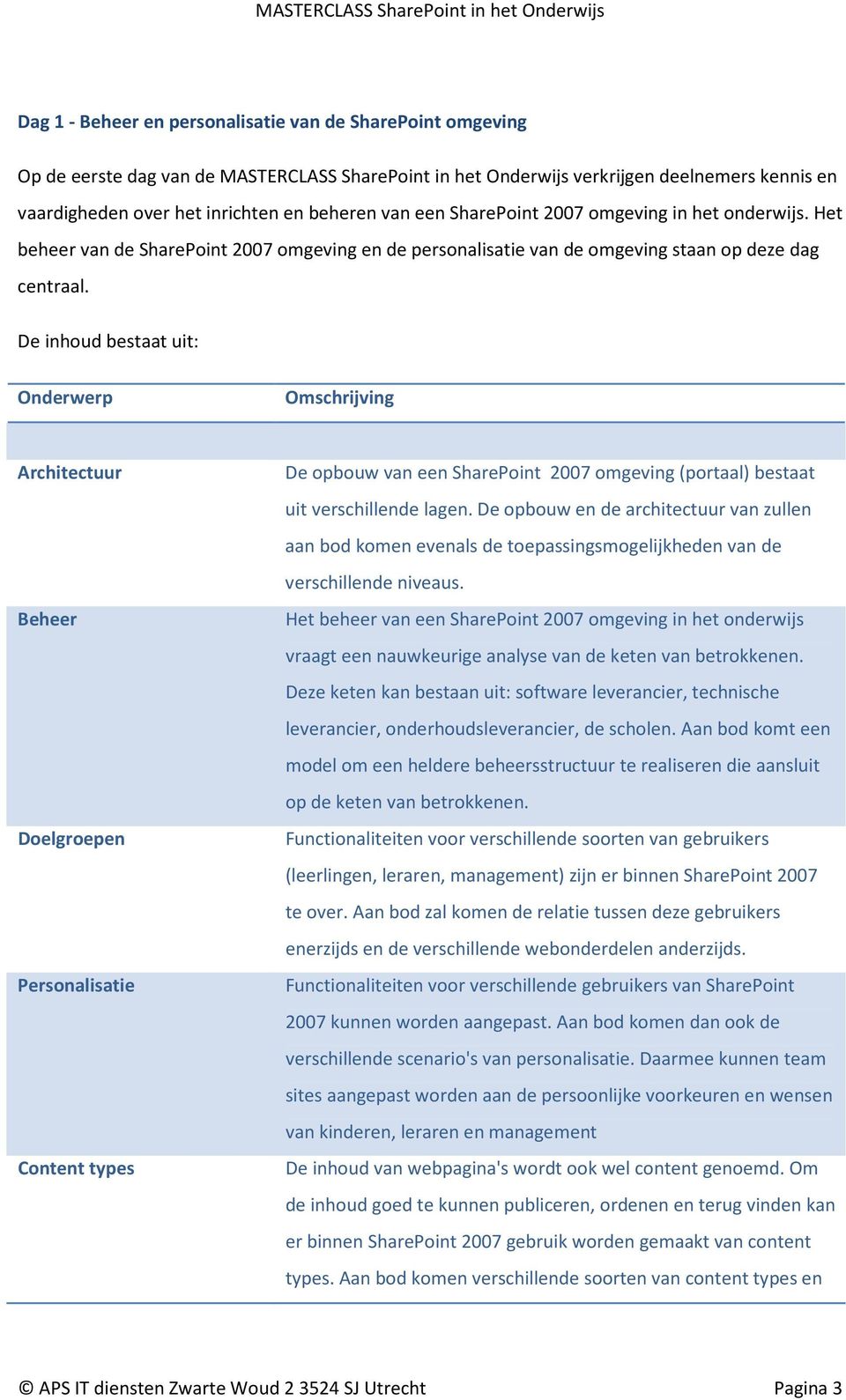 De inhoud bestaat uit: Onderwerp Omschrijving Architectuur Beheer Doelgroepen Personalisatie Content types De opbouw van een SharePoint 2007 omgeving (portaal) bestaat uit verschillende lagen.