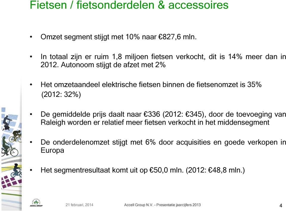 Autonoom stijgt de afzet met 2% Het omzetaandeel elektrische fietsen binnen de fietsenomzet is 35% (2012: 32%) De gemiddelde prijs daalt naar 336 (2012: